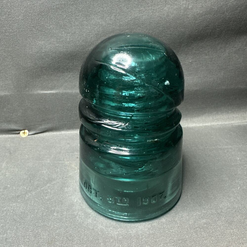 Vintage Spiral Groove Glass Insulator Dated Oct, 8th 1907